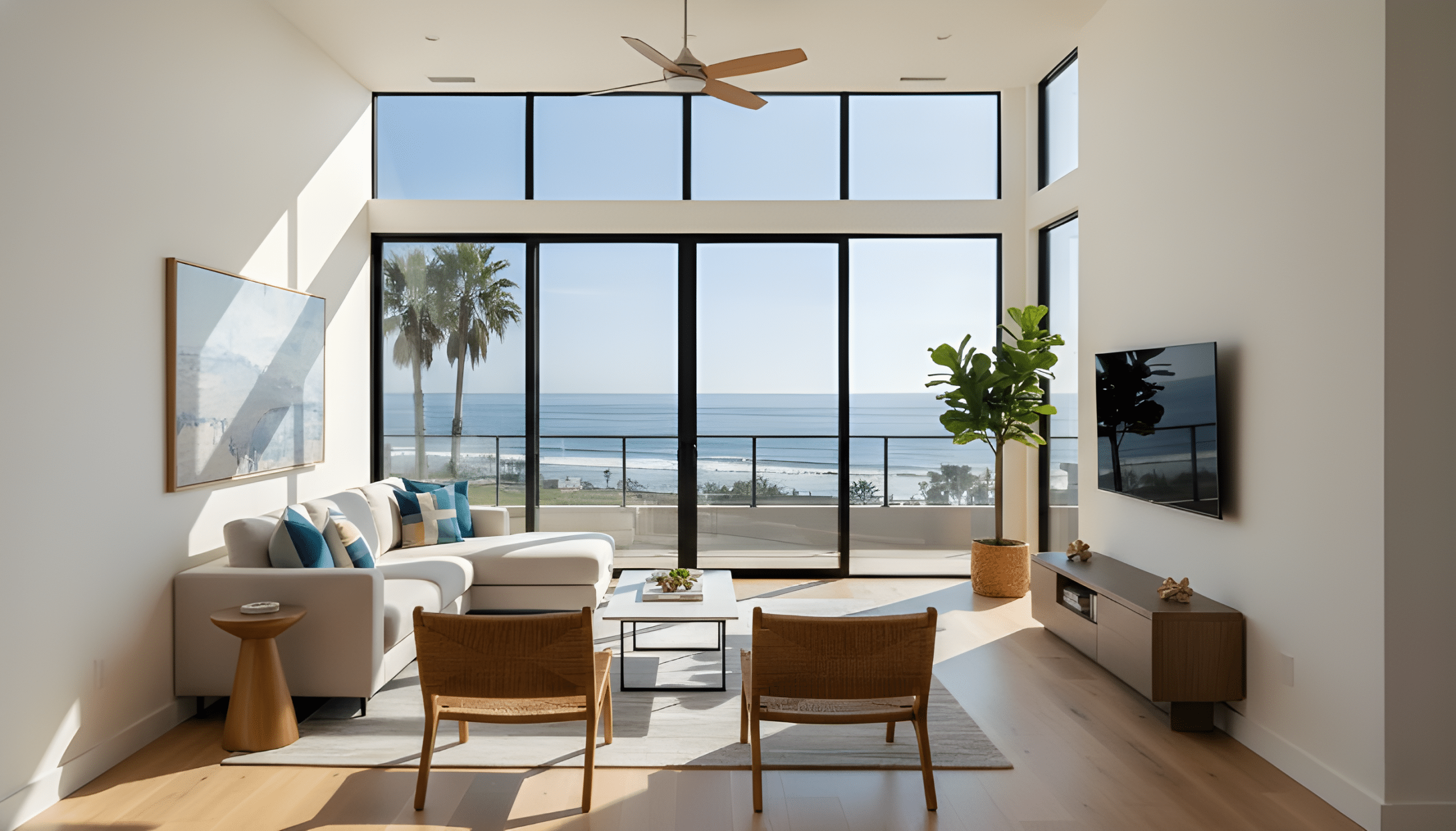 Modern San Diego living room with professionally installed window film improving comfort and reducing glare.