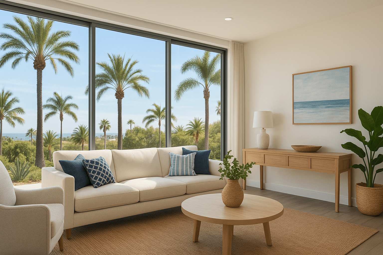Modern San Diego living room with professionally installed window film improving comfort and reducing glare.