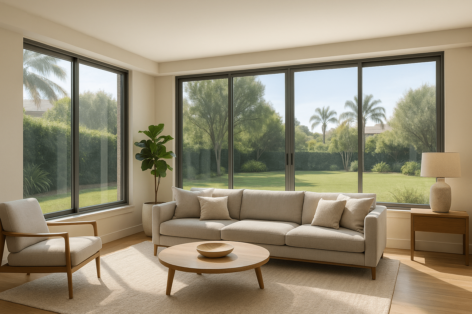 Modern Southern California living room with professionally installed window film reducing glare and heat
