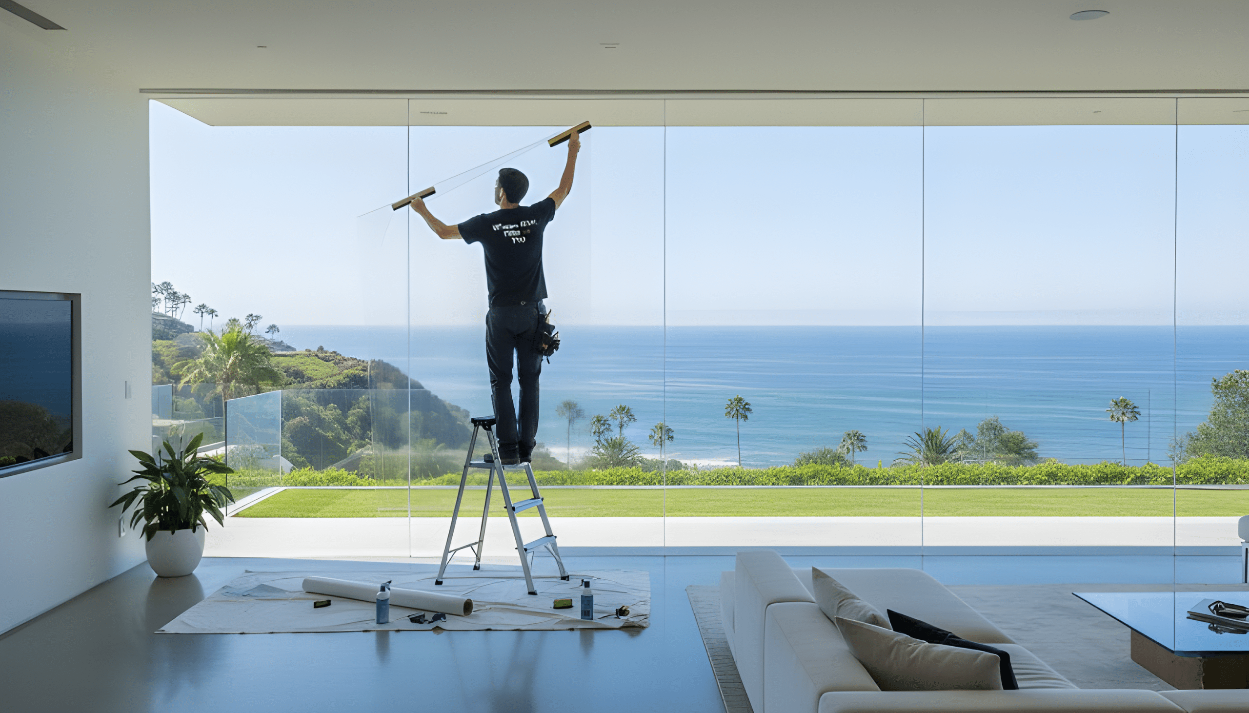 Professional installer applying premium residential window film in a coastal California home for heat and UV protection
