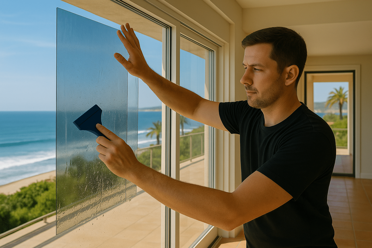 Professional installer applying premium residential window film in a coastal California home for heat and UV protection