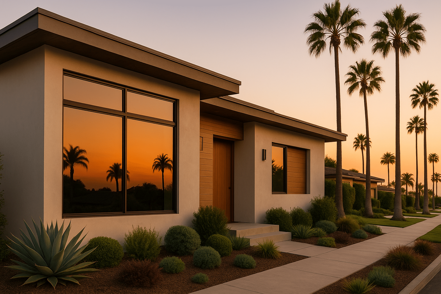 Exterior of a Southern California home with privacy window tint for comfort, energy savings, and curb appeal