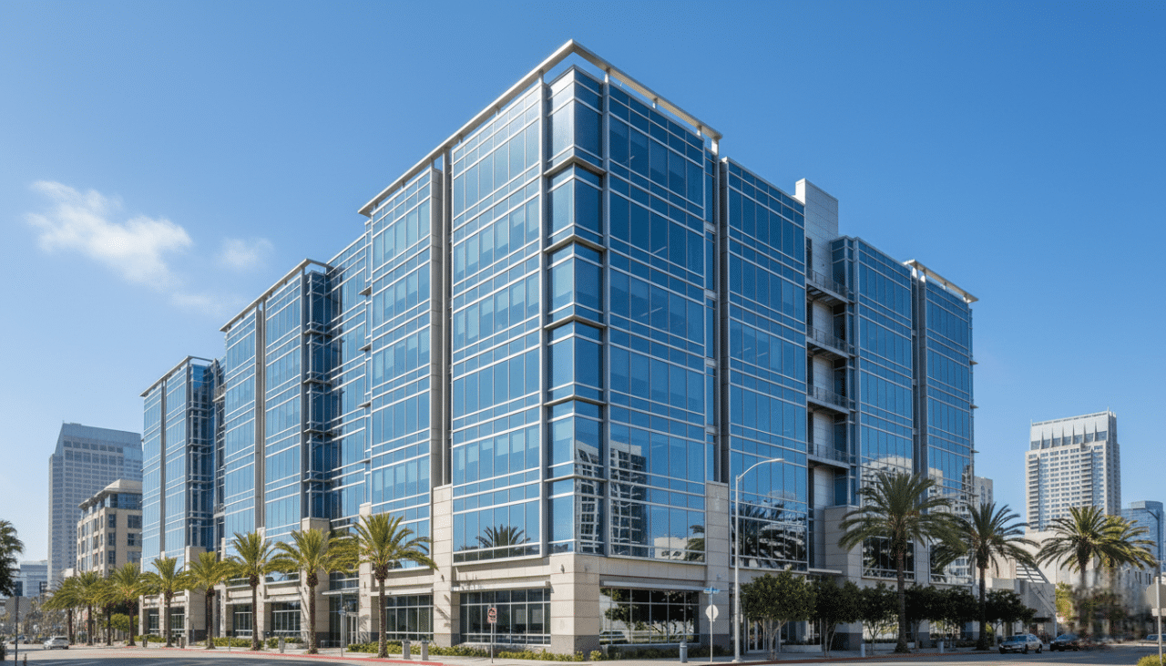 Commercial office building in San Diego featuring professionally installed window film for heat reduction and glare control.