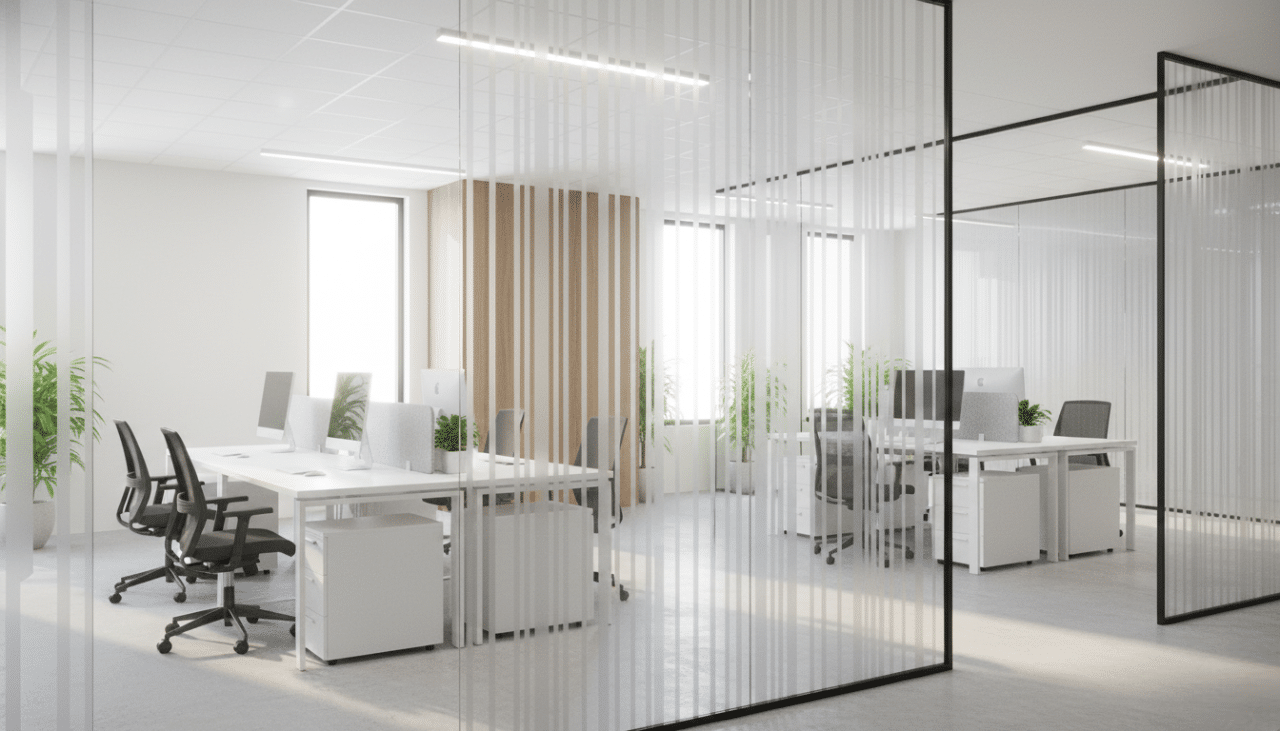 Office glass partitions using decorative window film to balance privacy, light diffusion, and modern workplace design.