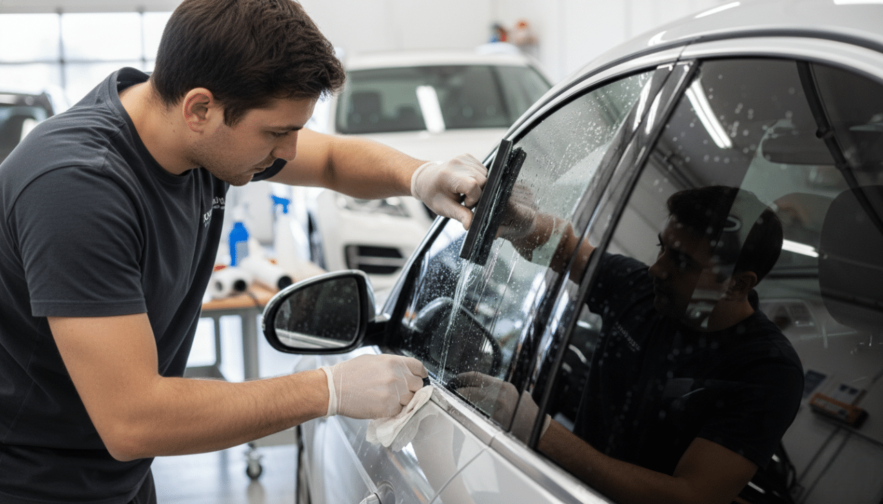 Technician installing automotive window tint film designed to improve privacy, heat control, and vehicle security.