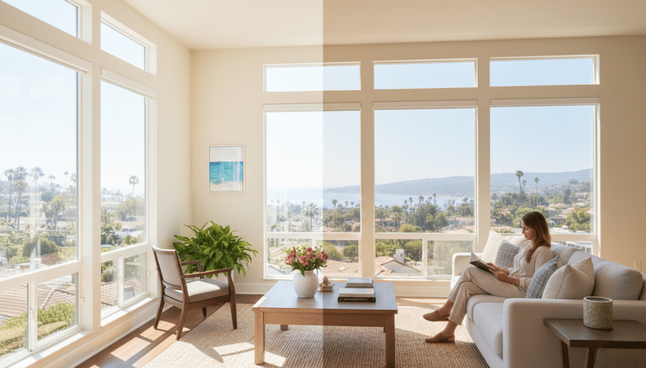 Coastal San Diego home with large panoramic windows enhanced by discreet window tint for house windows to maintain views and reduce heat.