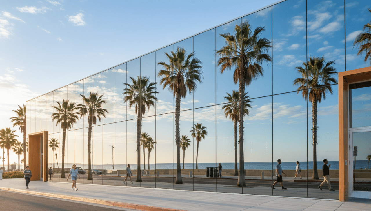 Coastal San Diego storefront with one-way window film providing daytime privacy and reflective exterior finish