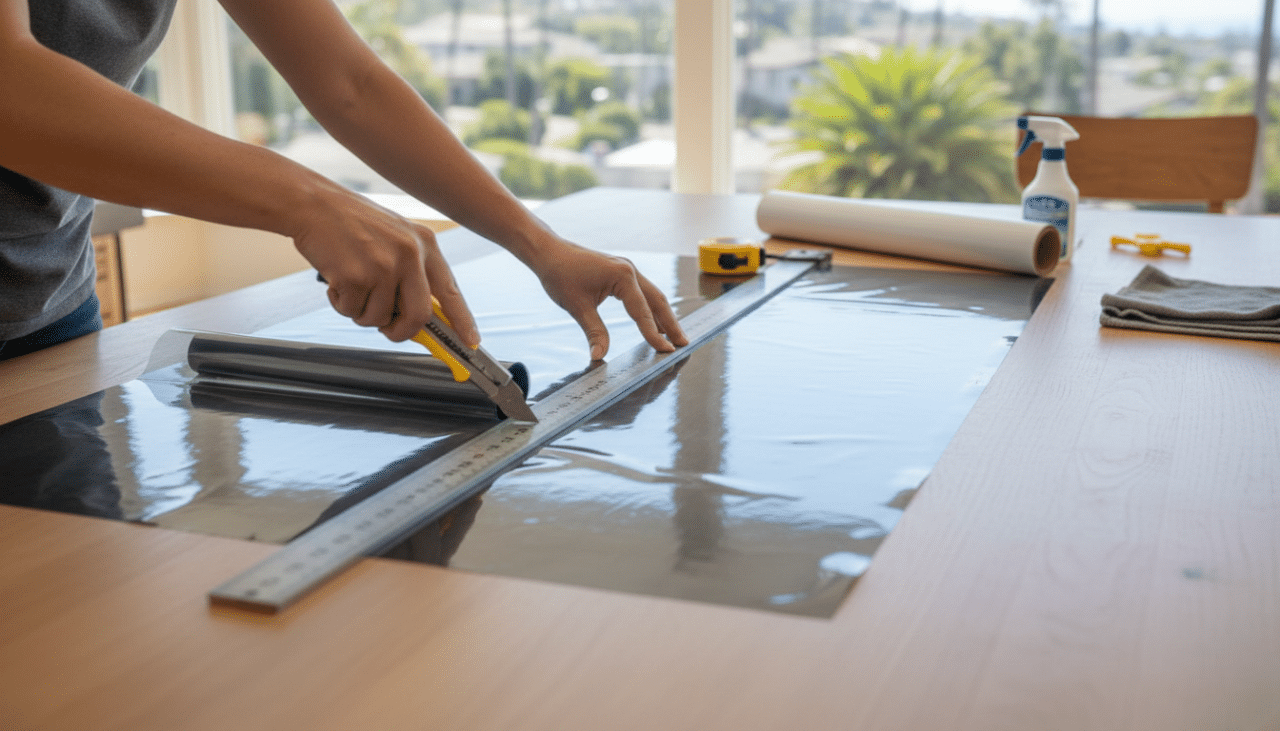 Close-up of measuring and cutting window film for DIY home window tint installation.