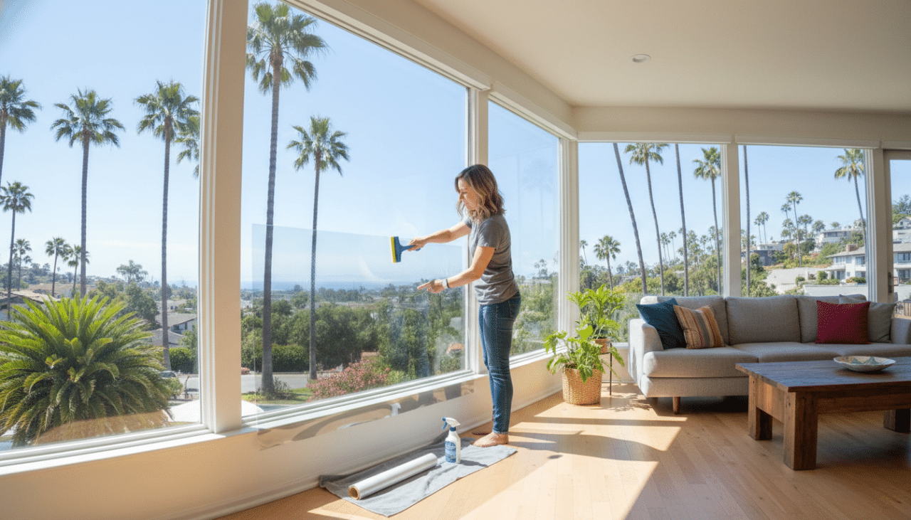 Homeowner applying residential window film to reduce heat and glare in a bright San Diego living room.