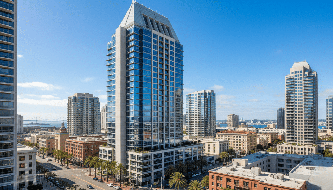 Downtown San Diego high-rise office building featuring one-way window film for daytime privacy and solar heat reduction