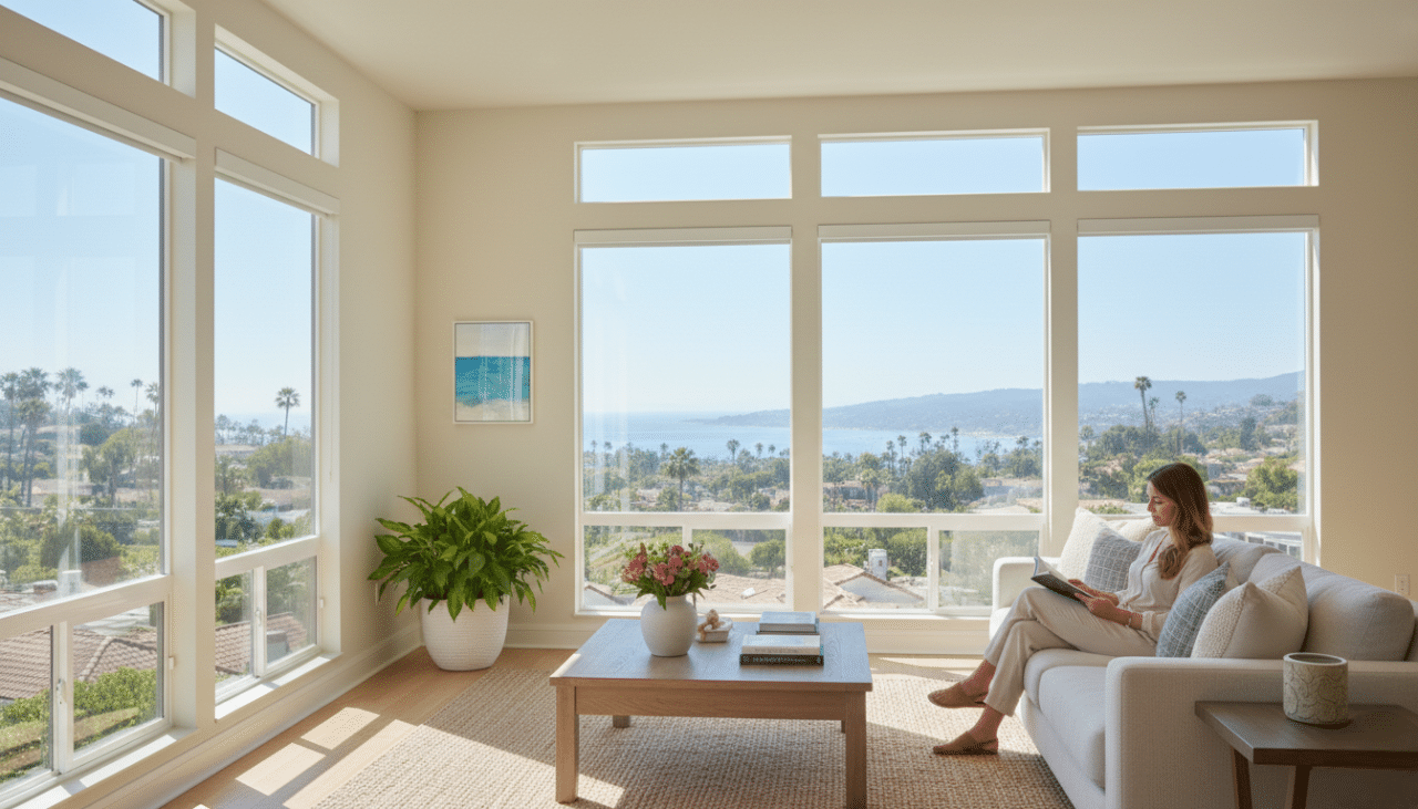 Energy-efficient San Diego home interior with natural light and reduced heat after installing window tint for house windows.