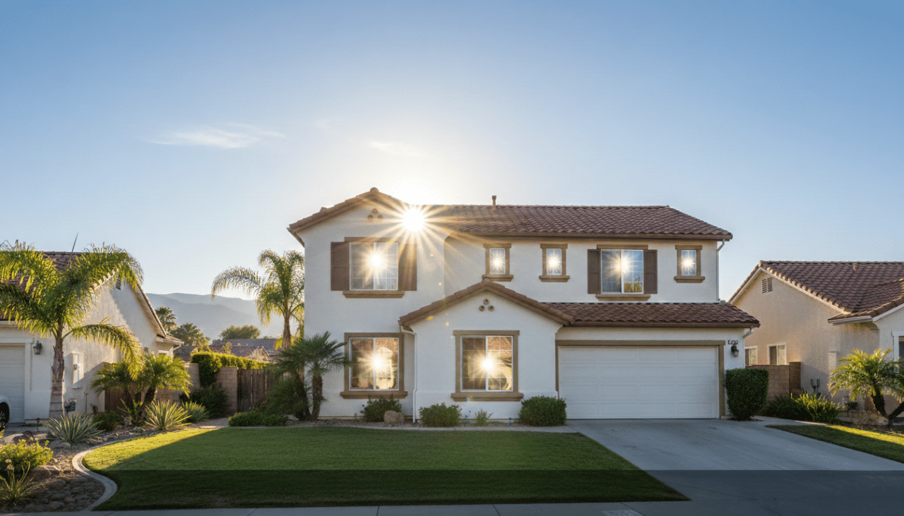 Living room with reduced TV glare after installing window tint for house windows in a Southern California home.