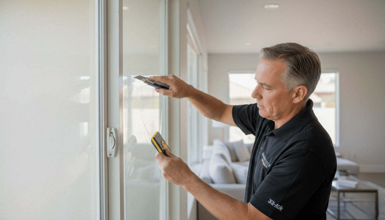 Technician carefully trimming window tint for house windows during professional installation in San Diego.