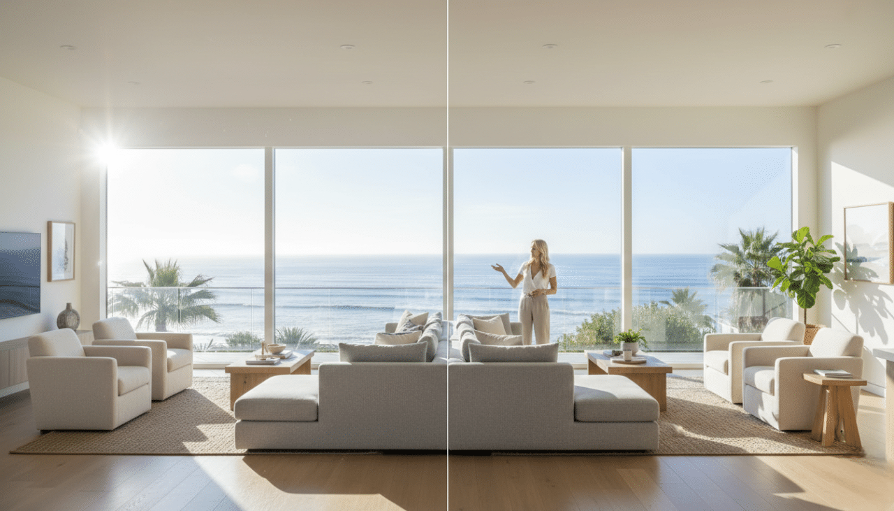 Comparison of untreated glass and professionally installed house window film in a bright San Diego living room with reduced glare and improved comfort.