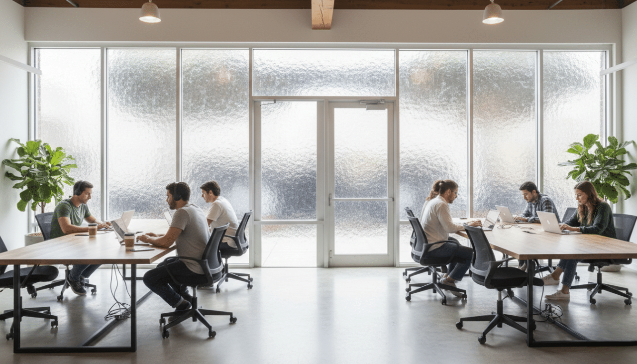 Southern California coworking office using one-way window film to protect client privacy while allowing natural light