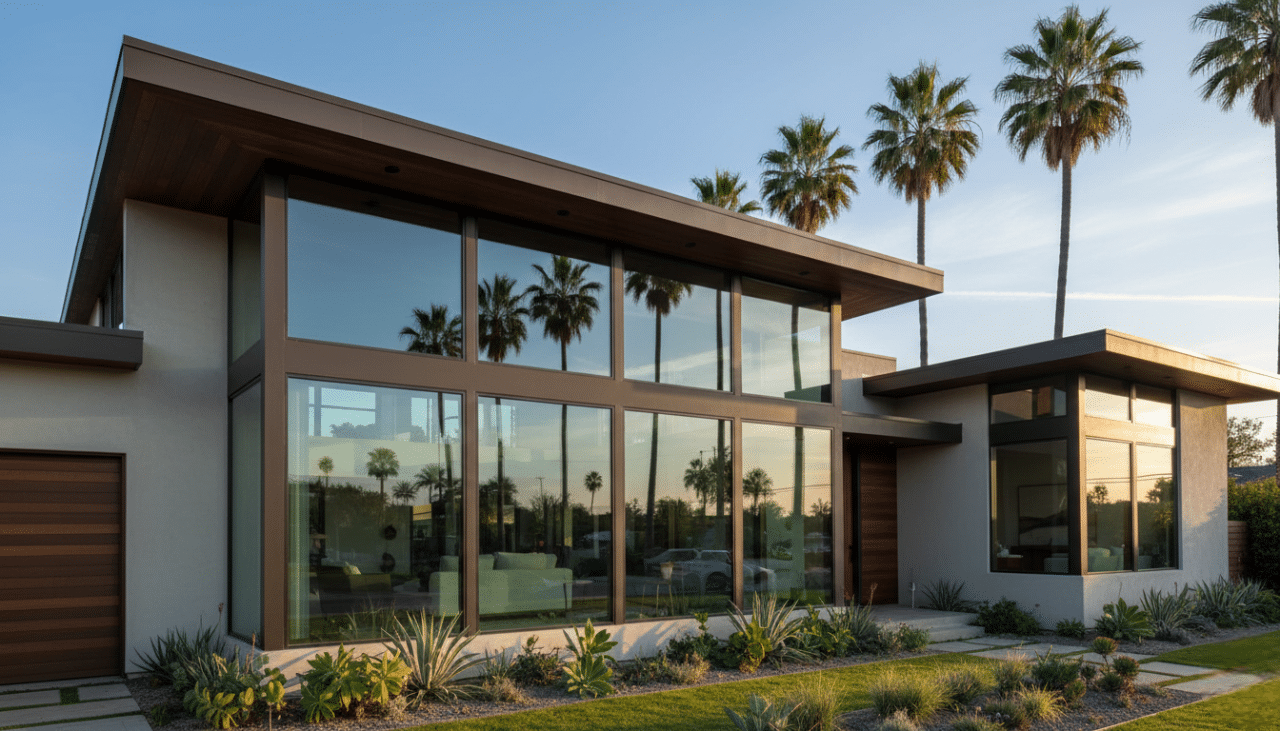 Modern San Diego home with professionally installed house window film on west-facing windows to reduce afternoon heat and glare while preserving natural light.