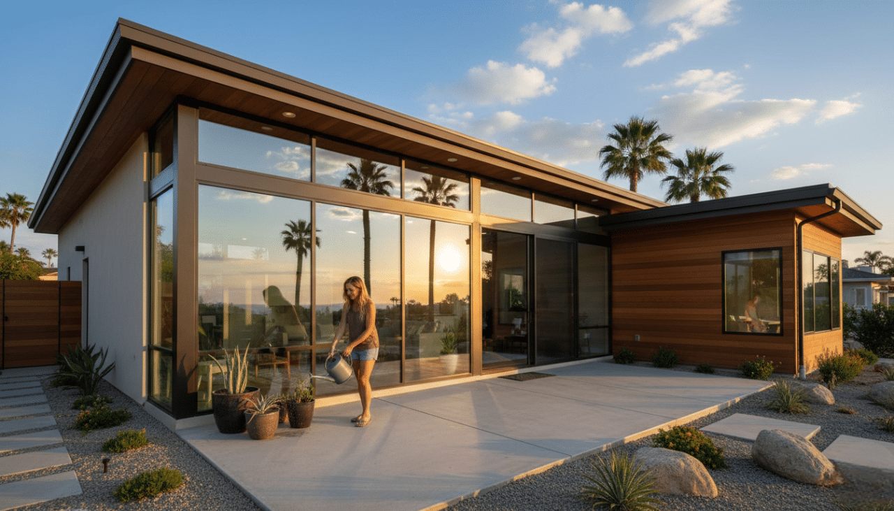 Modern San Diego home with professionally installed house window film on west-facing windows to reduce afternoon heat and glare while preserving natural light.