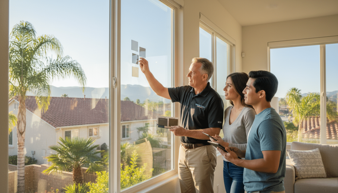 Residential window film samples displayed during a San Diego home consultation for window tint for house windows.
