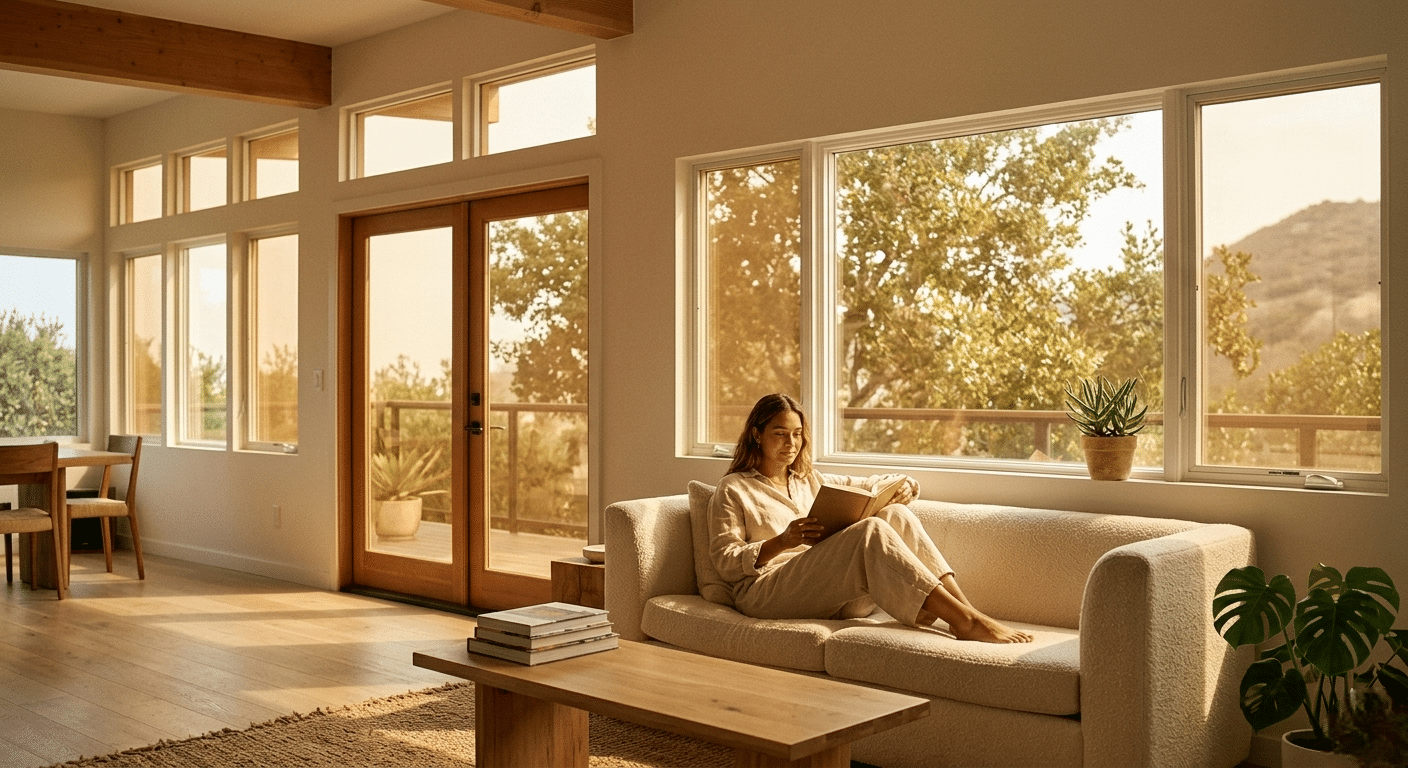 Bedroom with window film providing privacy and light control in Southern California home