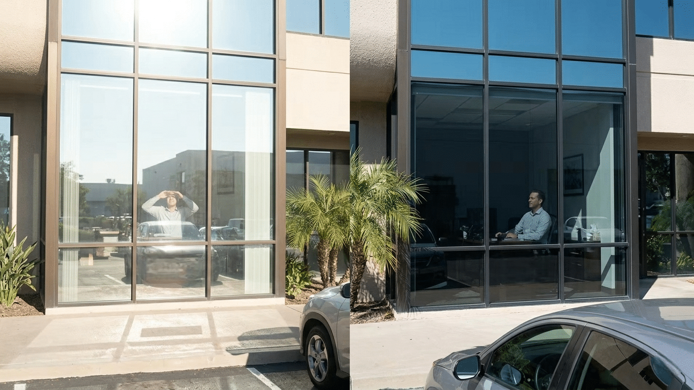 Comparison of commercial building windows with and without tint in San Diego showing heat and glare reduction benefits