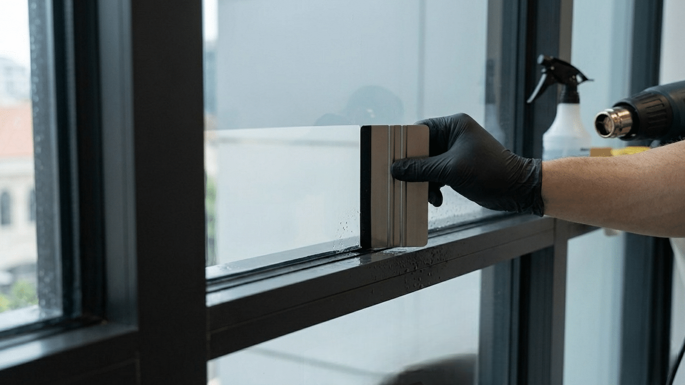 Professional installation of window tint on commercial glass showing smooth application and durability