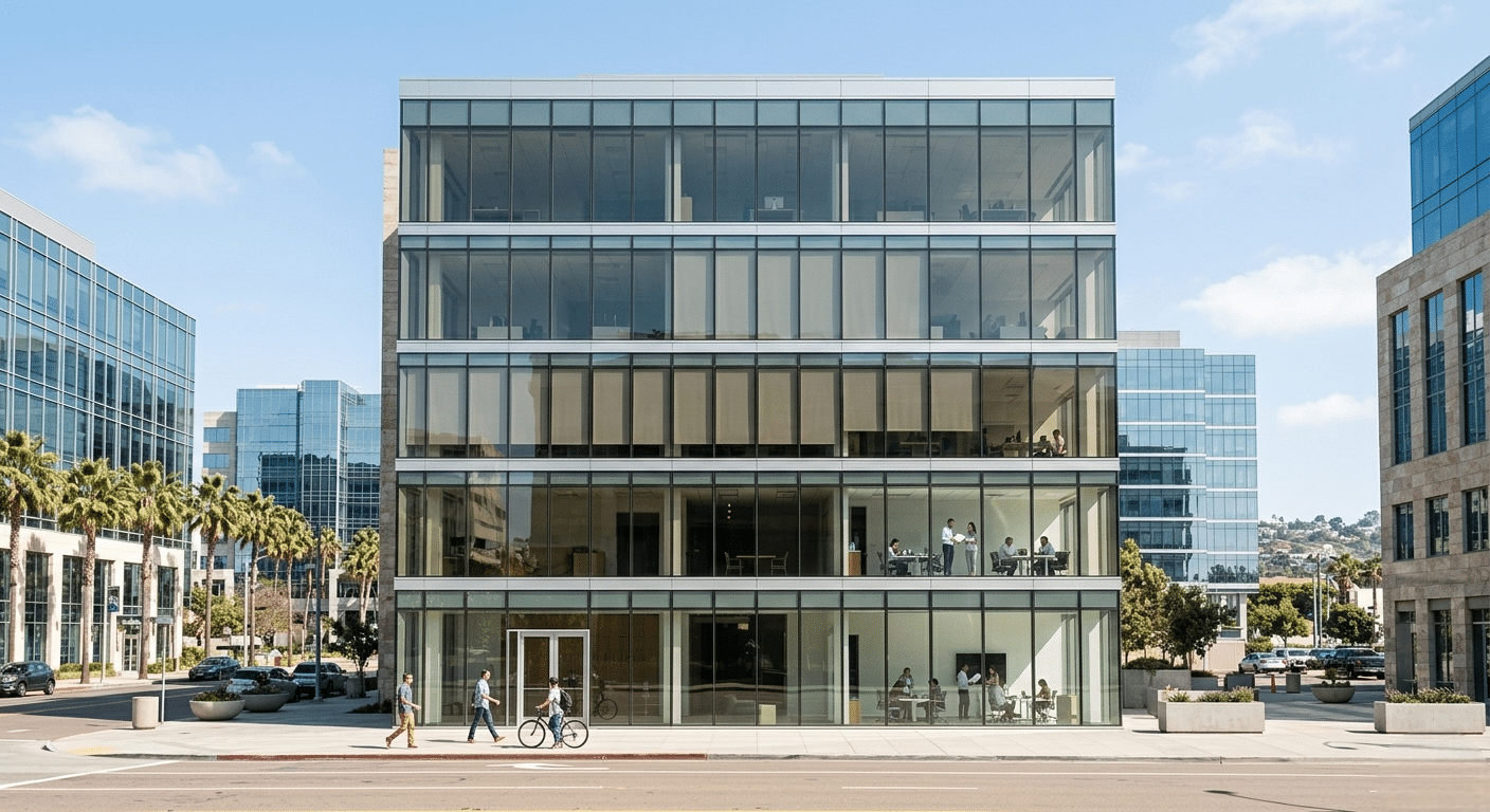 Modern office building in San Diego with window tint reducing glare and improving indoor comfort