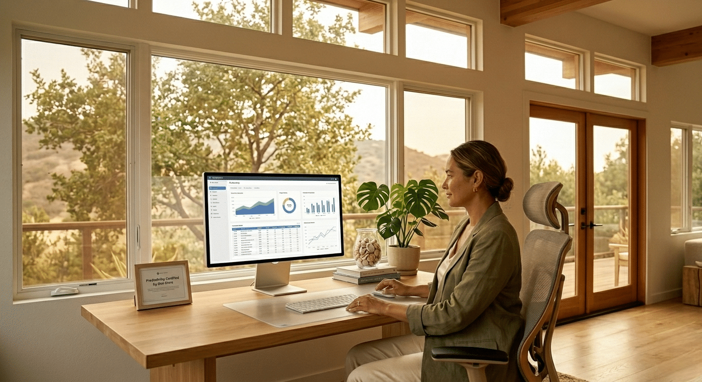 Home office with reduced screen glare using window film for better productivity