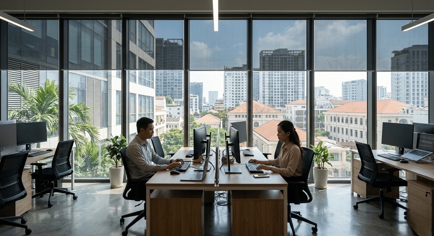 Office interior with window film reducing glare and improving comfort in a Southern California commercial workspace