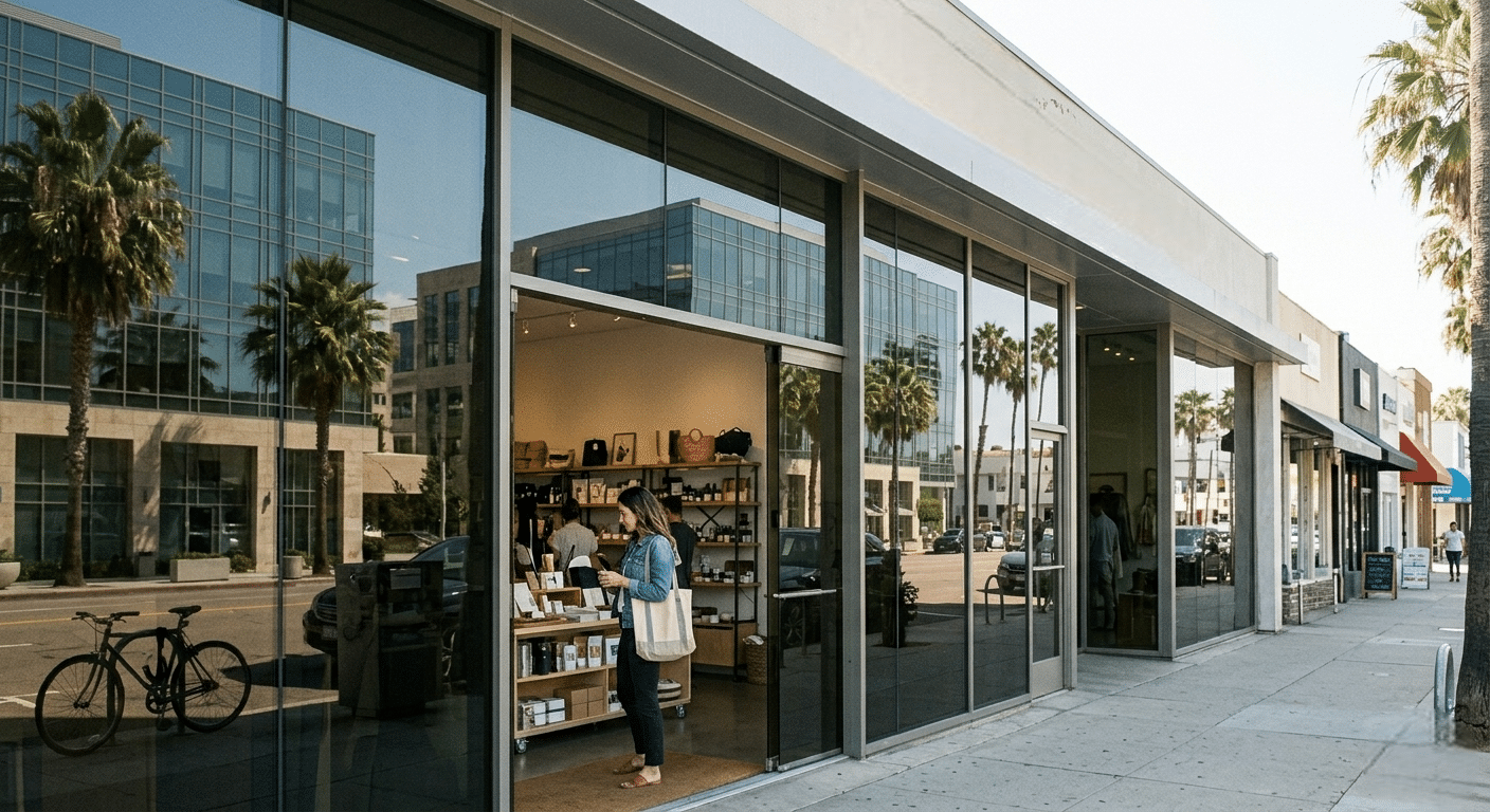 Retail storefront with tinted windows providing privacy and natural light in Southern California