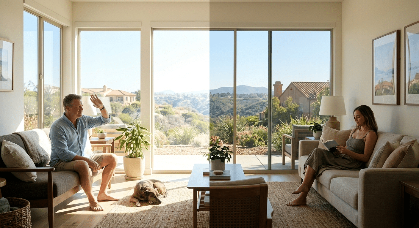 Living room in San Diego showing reduced glare and heat after installing home window tinting sheets