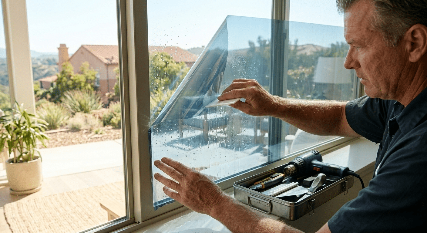 Professional applying window film to residential window for improved sun control and energy efficiency