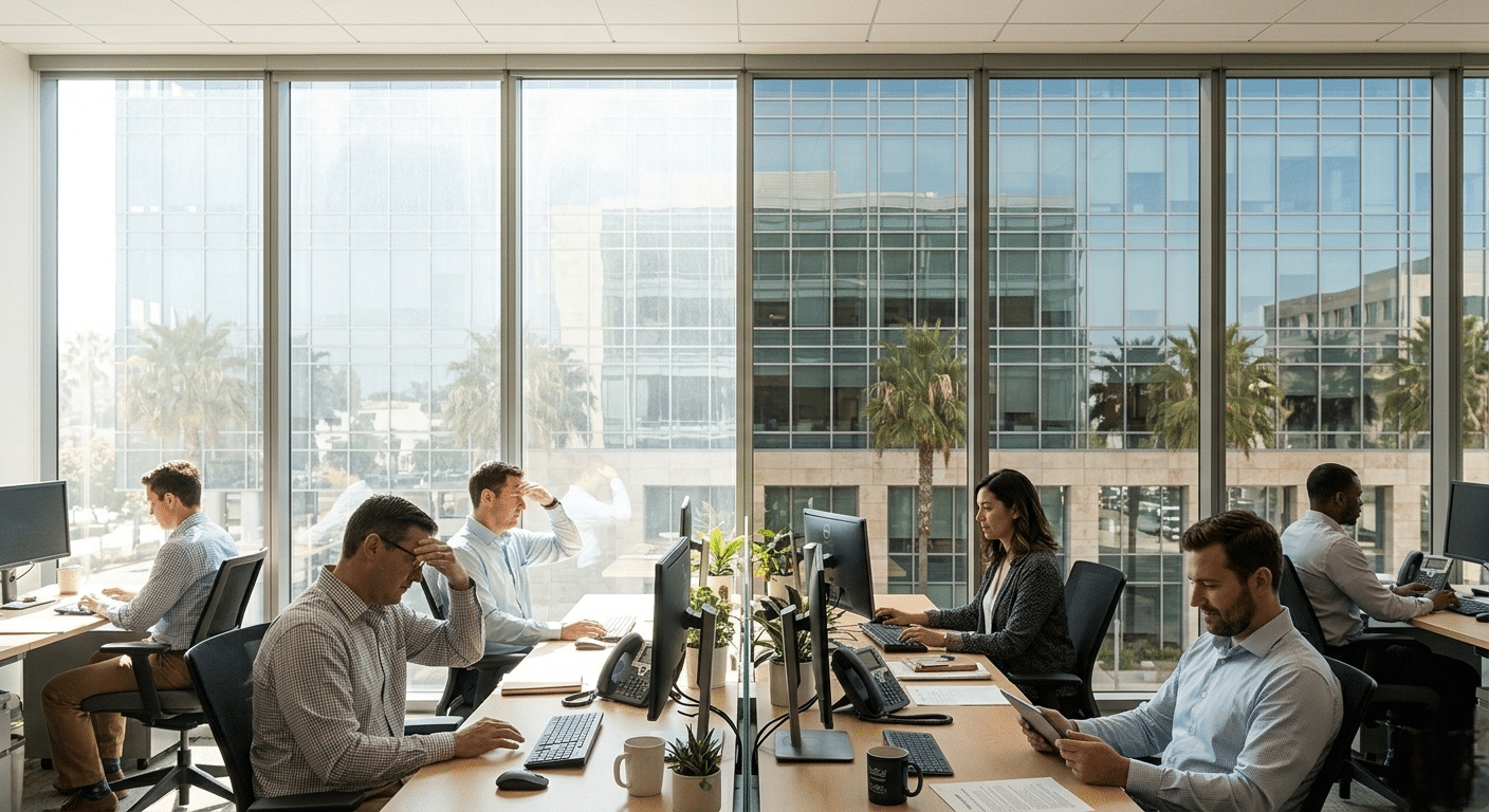 Office interior comparison showing reduced glare and heat with professional window film installation