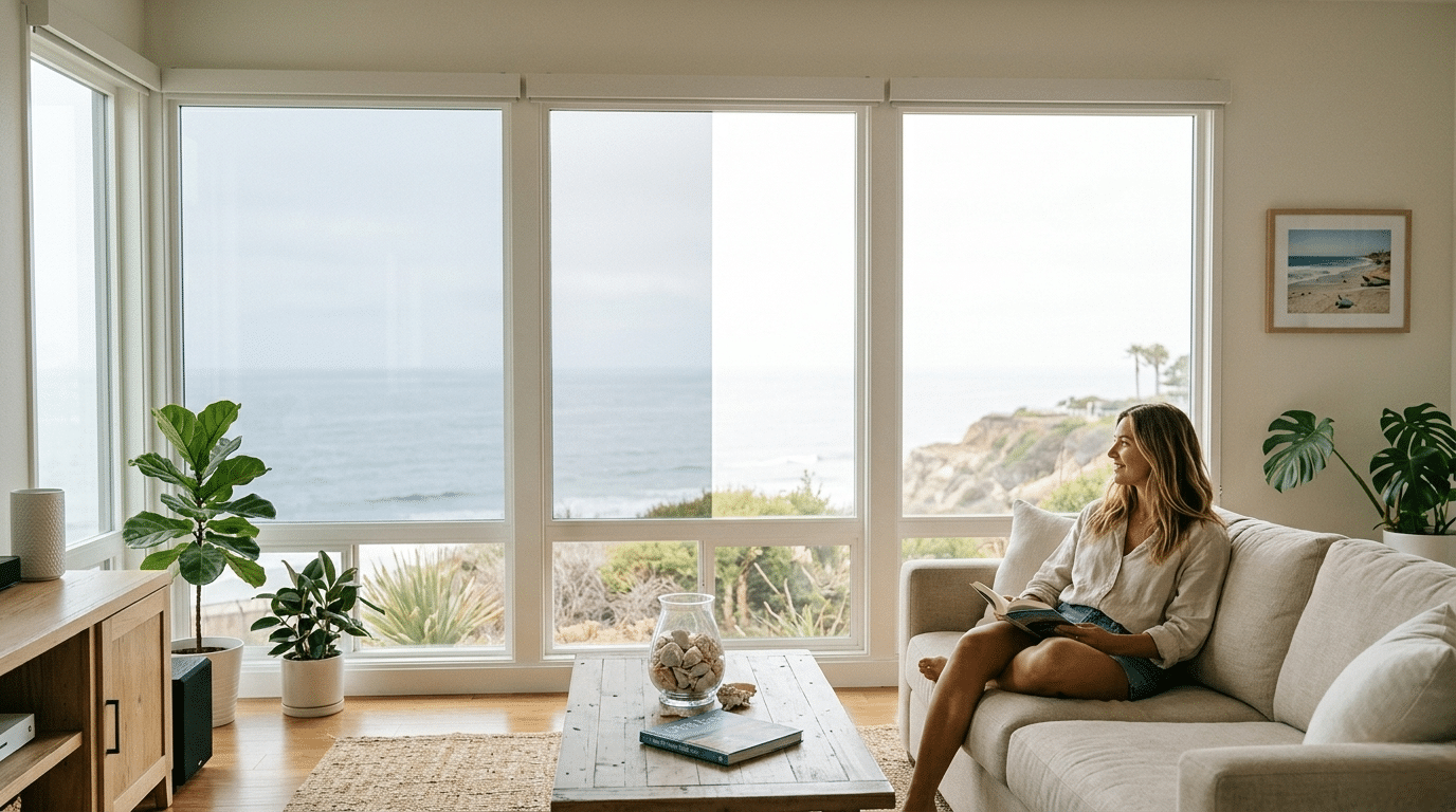 Modern living room with window film reducing glare and heat in a San Diego home