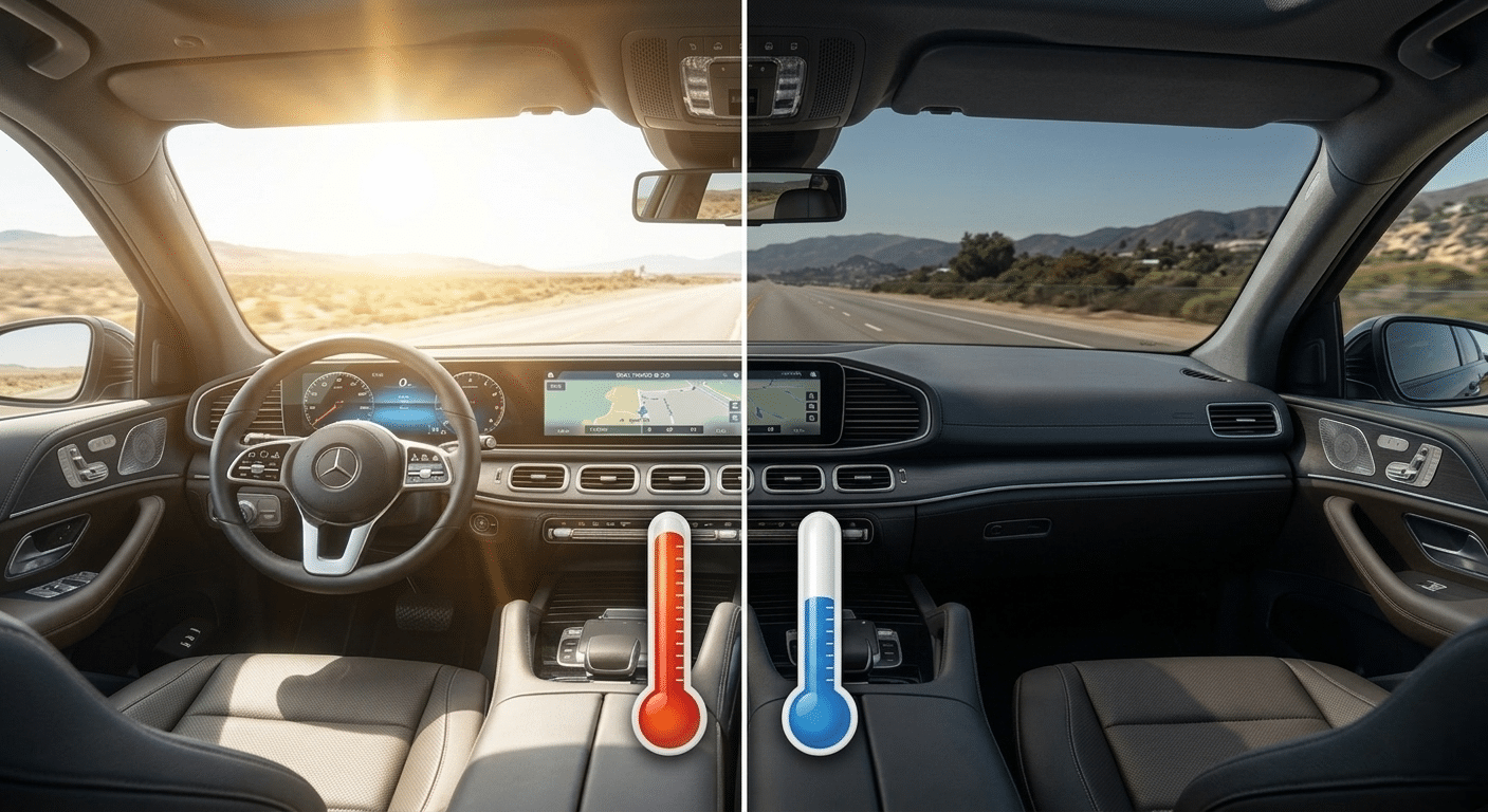 Comparison showing heat reduction benefits of window tinting for cars in sunny weather