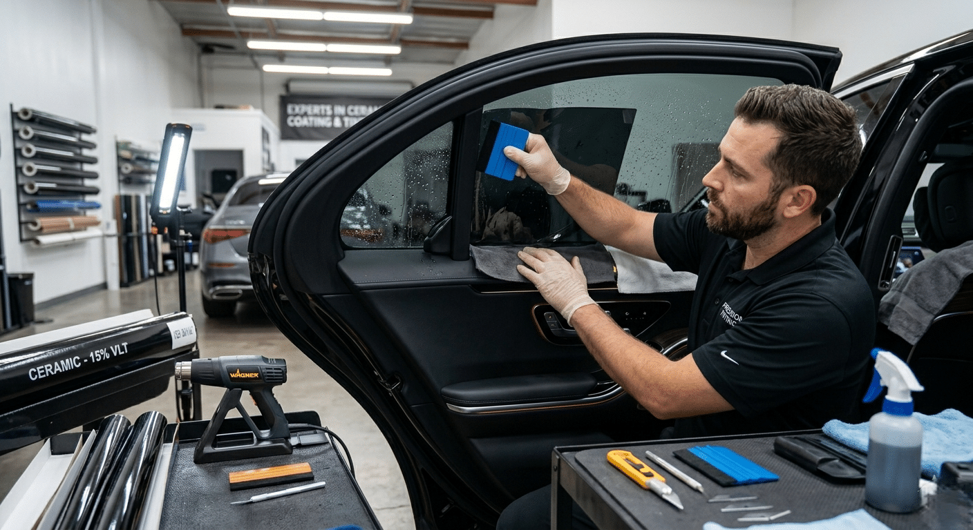 Technician applying ceramic window tinting film during professional car tint installation