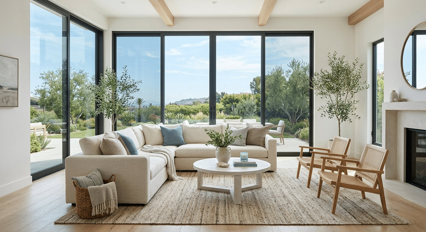 Modern living room featuring house window tints that reduce heat and glare in a Southern California home.