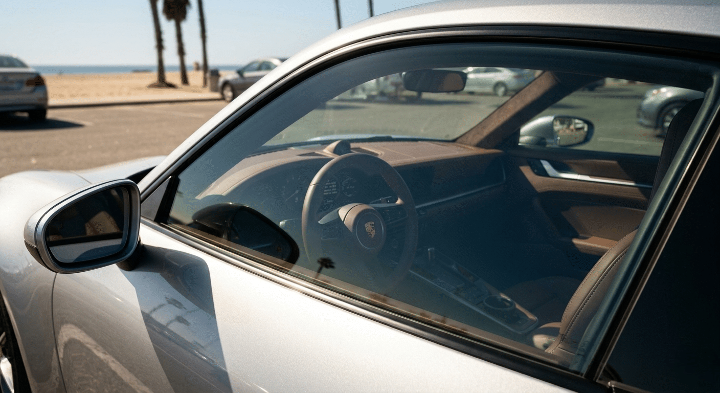 Fresh automotive window tint curing after professional installation