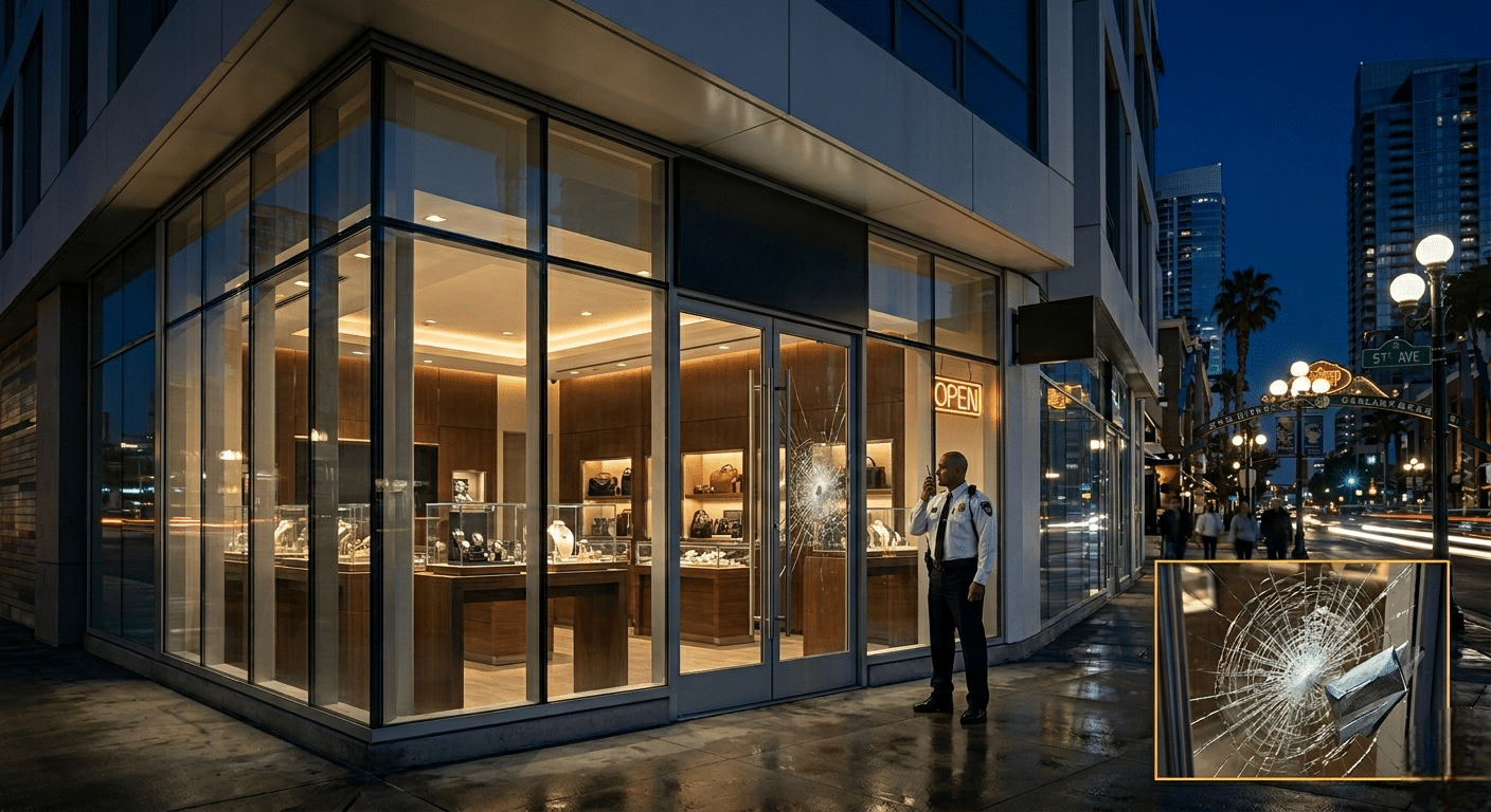 Office building windows reinforced with security film for added business protection