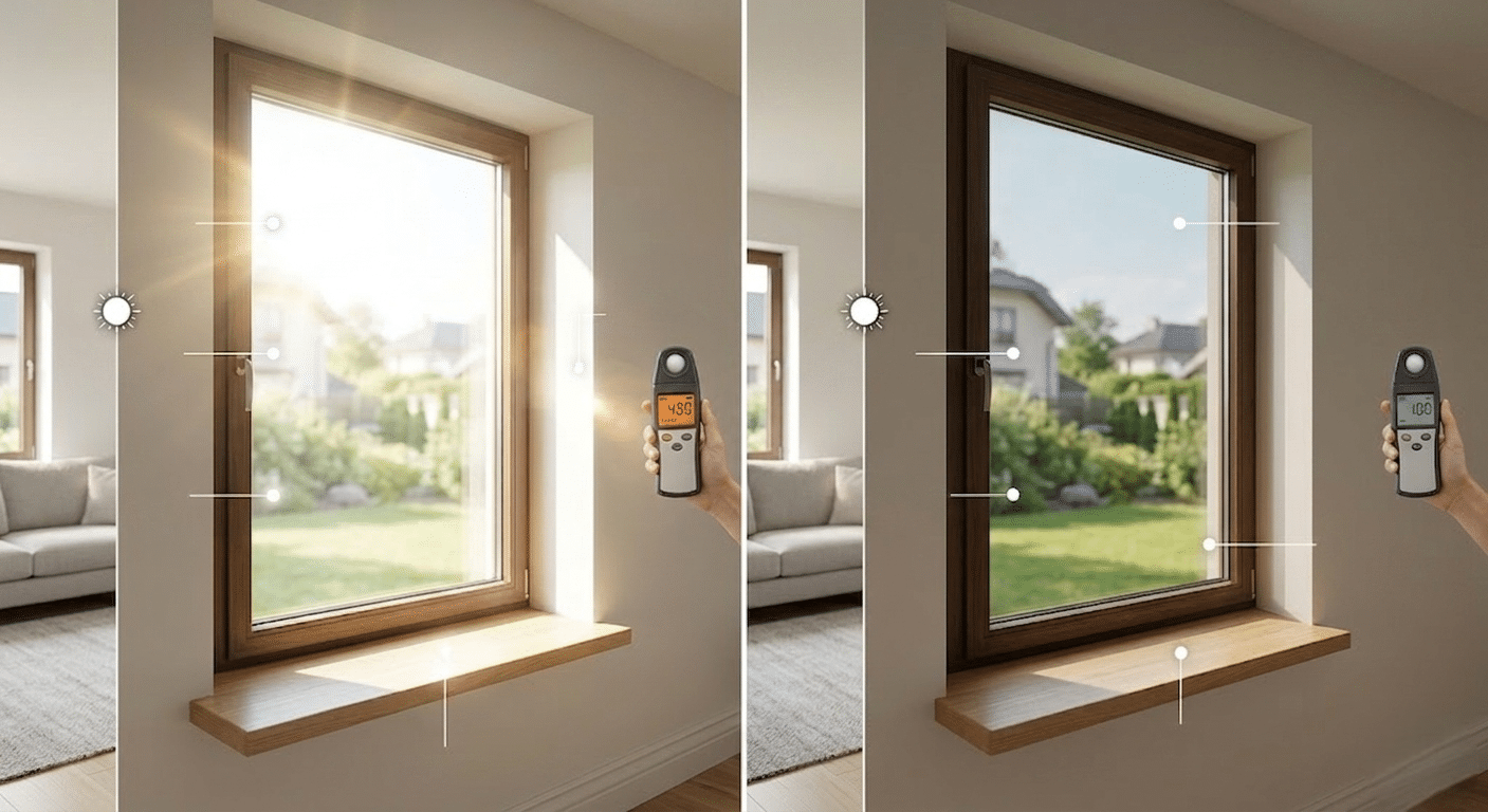 Comparison of residential window film showing glare reduction and improved comfort inside a sunny home.