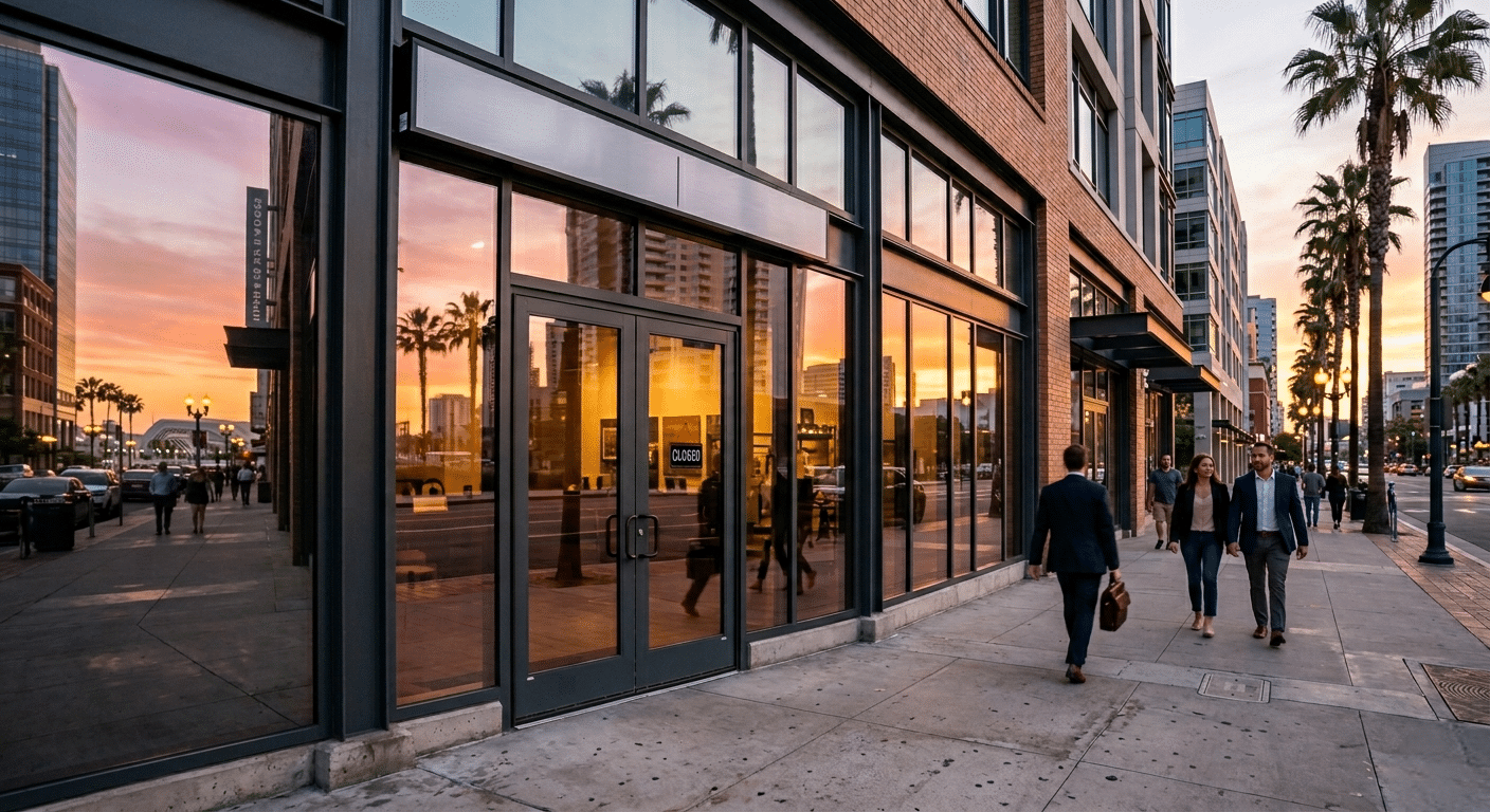 Modern commercial storefront protected with security window film in San Diego business district