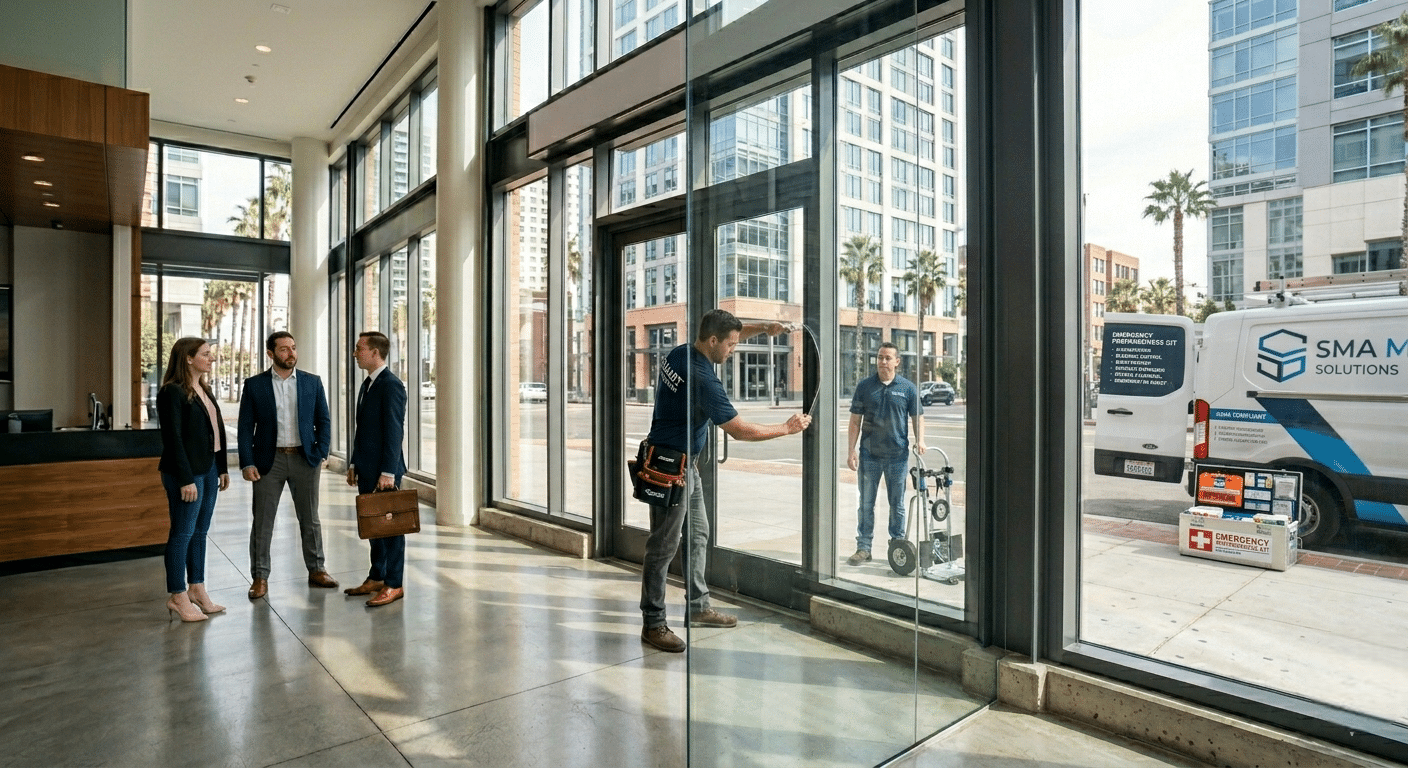 Professional installer applying security window film to commercial storefront glass