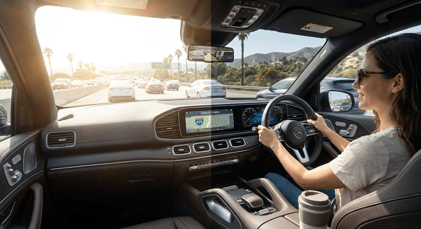 Tinted car windows reducing glare and improving driving comfort on Southern California roads