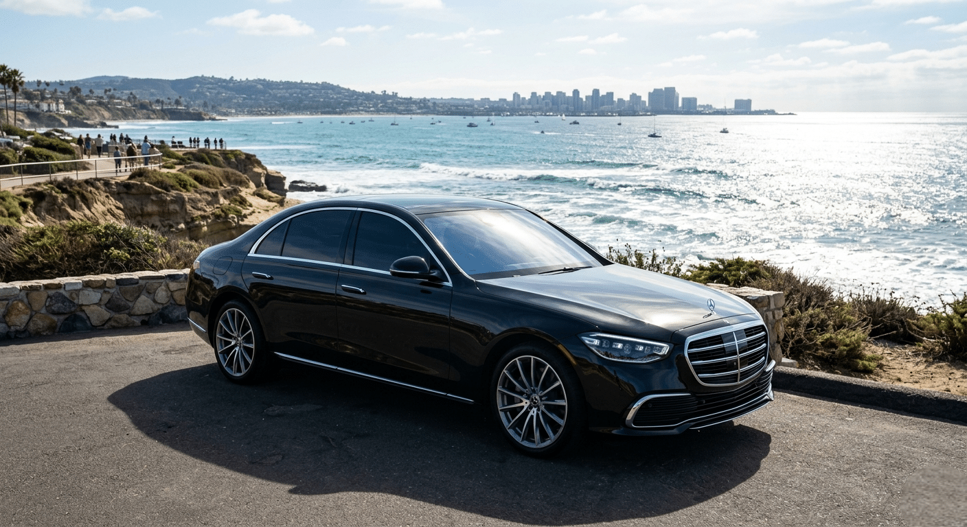 Professional window tinting for cars on a luxury sedan parked near the San Diego coast
