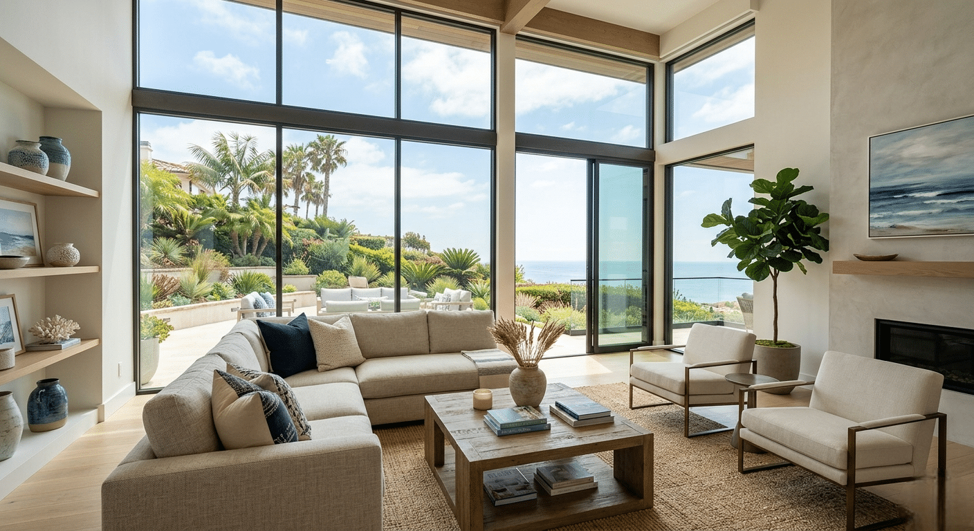 Modern living room featuring window tints for house windows that reduce glare and improve indoor comfort in a Southern California home.