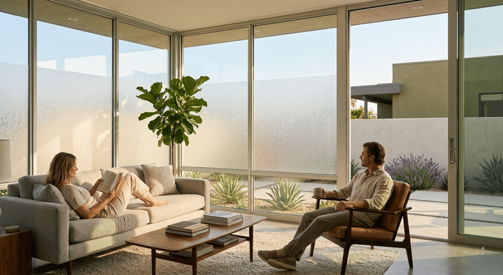 Residential home with privacy window film allowing natural light while blocking outside visibility during the day