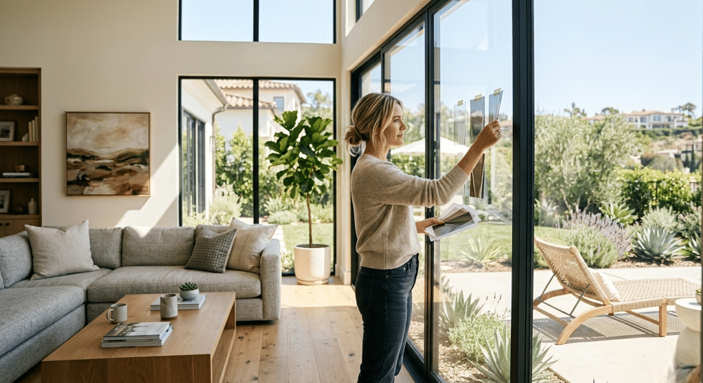 Homeowner comparing professional and DIY window film options for residential windows in a modern Southern California home.