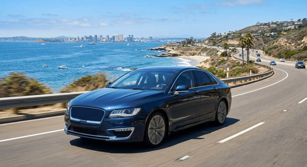 Advanced smart tint technology adjusting vehicle window darkness while driving in sunny San Diego conditions