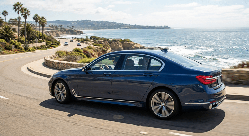 Modern sedan with advanced ceramic window tint driving along the San Diego coast showcasing 2026 automotive tint technology.