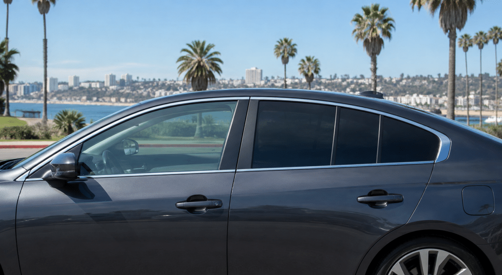 Modern car showing a comparison of light, medium, and dark automotive window tint levels in San Diego.