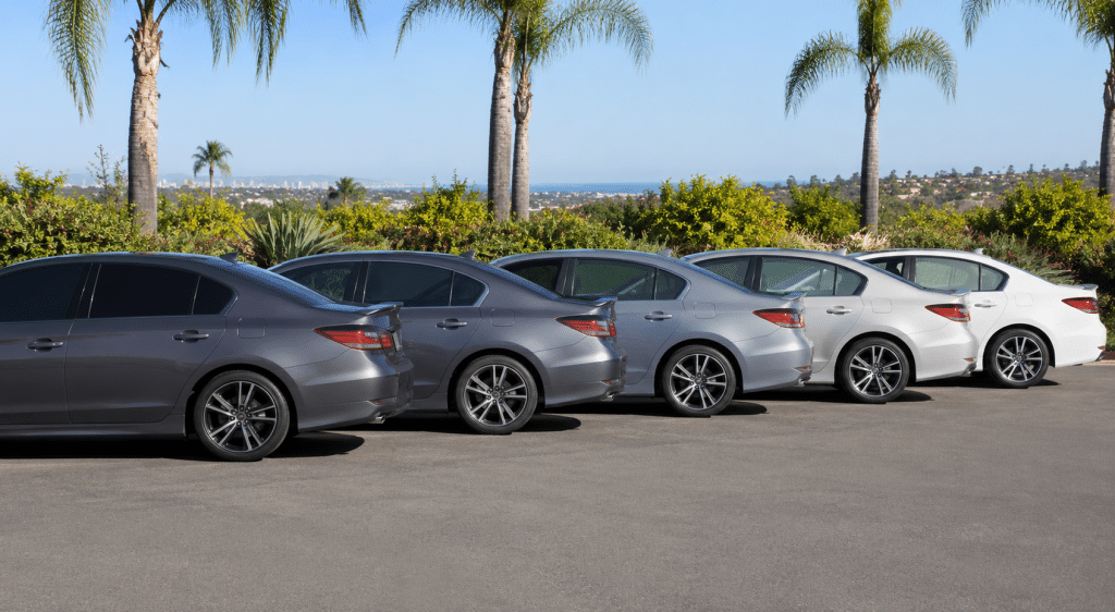 Side-by-side comparison of automotive window tint shades from dark 5% tint to light 70% tint on modern vehicles.